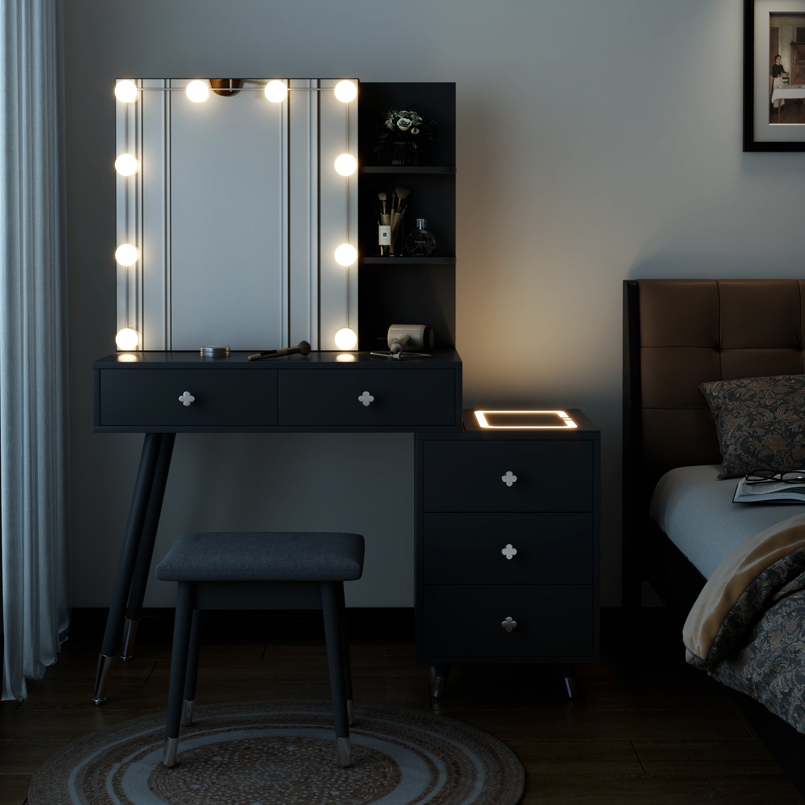 HAOYYE Vanity Table with LED Three-Tone Mirror, 5 Drawers, 2-Layer Shelf, Mirror Cabinet, Pitted Particle Board with Triamine Coating, Solid Wood Legs with Copper Sheath, Makeup Table for Bedroom, Dressing Room, or Bathroom