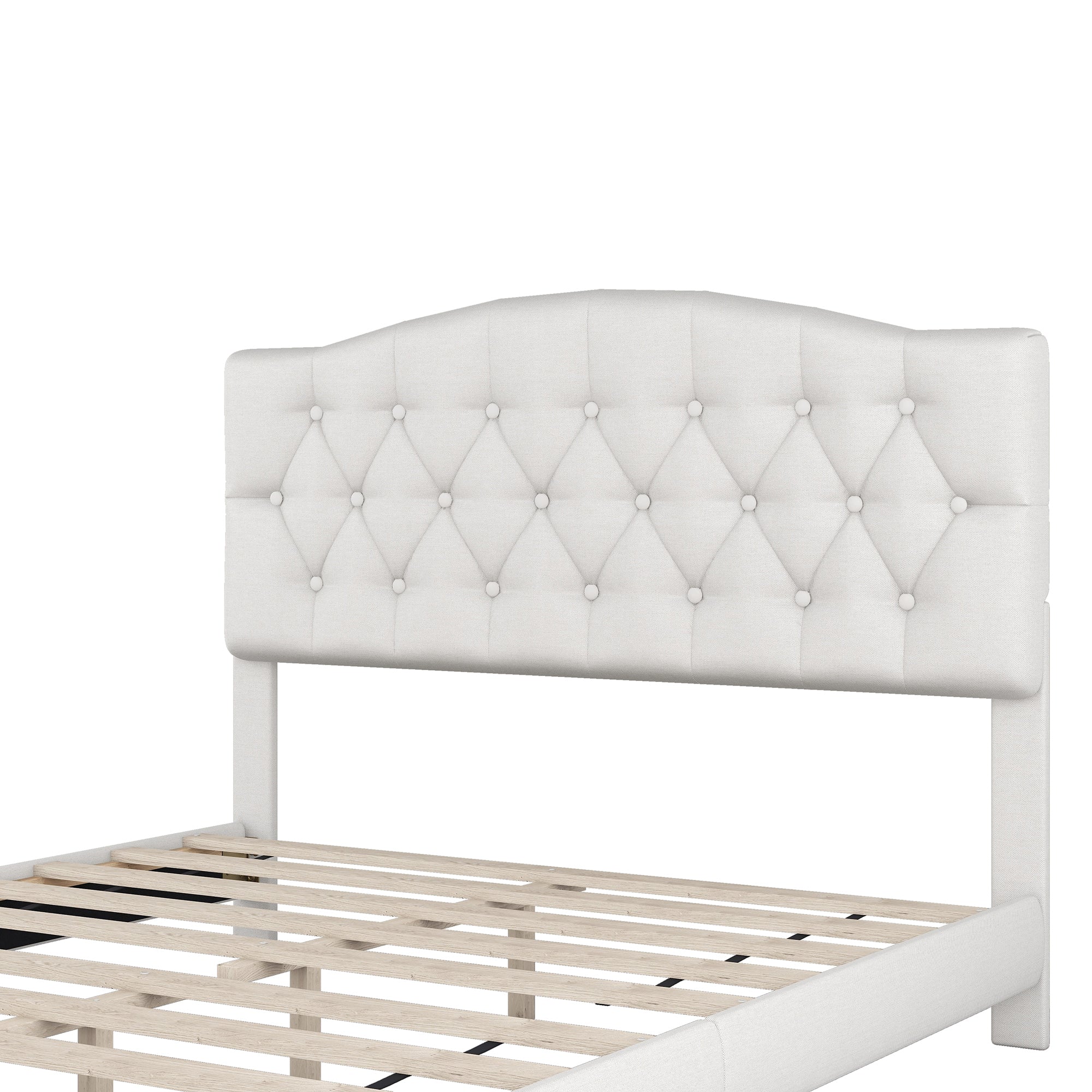 HAOYYE Upholstered Platform Bed with Saddle Curved Headboard and Diamond Tufted Details, Queen, Beige Sturdy Space-Saving Heavy Duty Modern Design Adults Dorm Room Easy Assembly Bedroom Furniture
