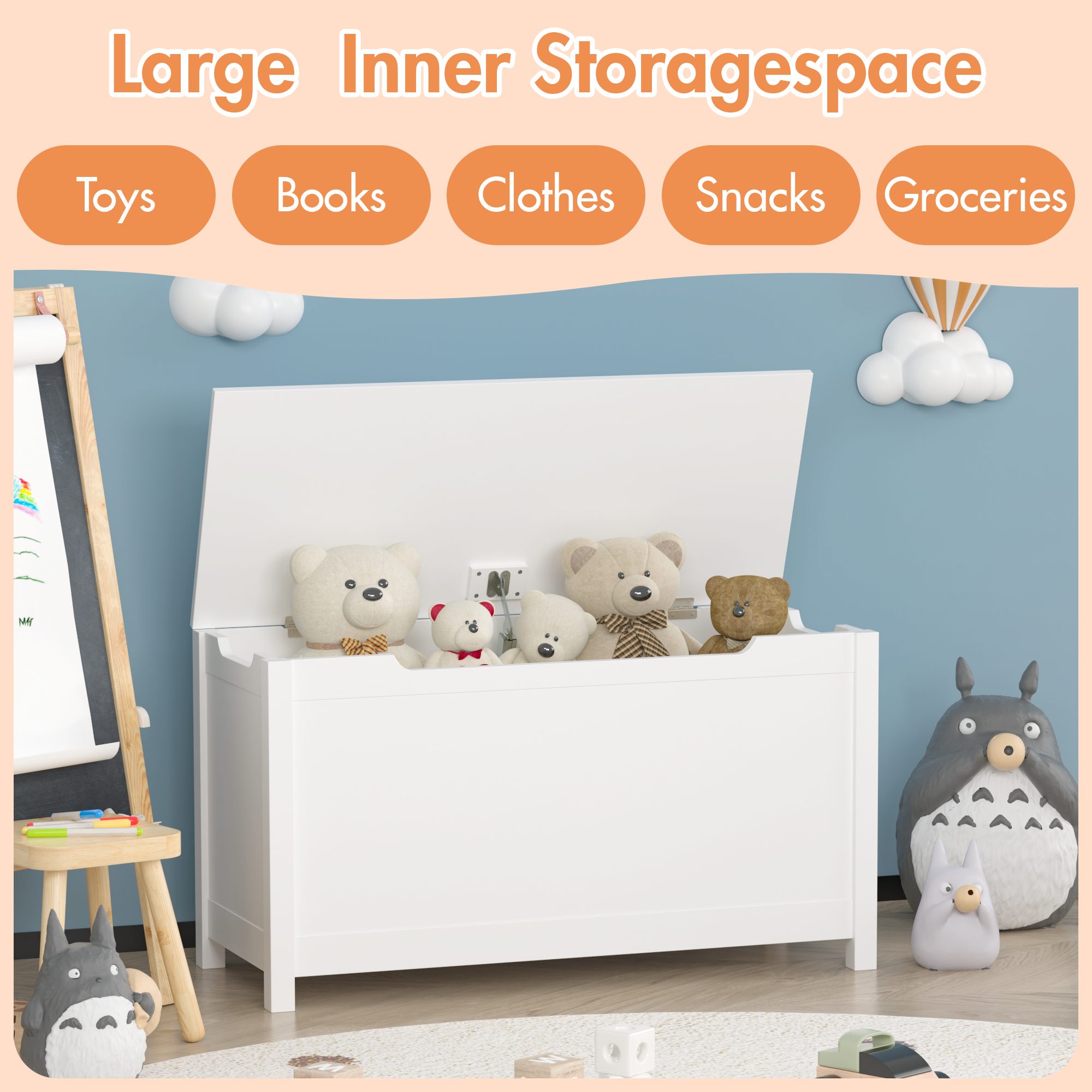 HAOYYE Wooden Toy Box Storage with Safety Hinged Lid, White, Sturdy Space-Saving Design, Easy Assembly, Durable and Stylish Home Furniture