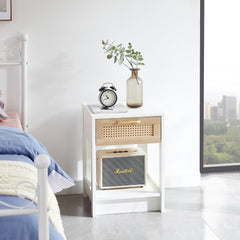 HAOYYE Rattan Side Table with Drawer, Modern White End Table, Sturdy Space-Saving Design, Heavy Duty Construction, Easy Assembly, Stylish and Durable Home Furniture for Living Room or Bedroom
