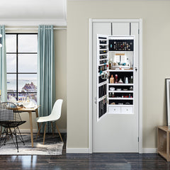 HAOYYE White Wooden Wall Mounted Jewelry Cabinet with Full-Length Mirror, 4-Layer Shelves, 2 Drawers, Inner Mirror and 8 Blue LED Lights, Lockable Design for Organized Storage and Easy Access to Necklaces, Earrings, Bracelets, and Rings