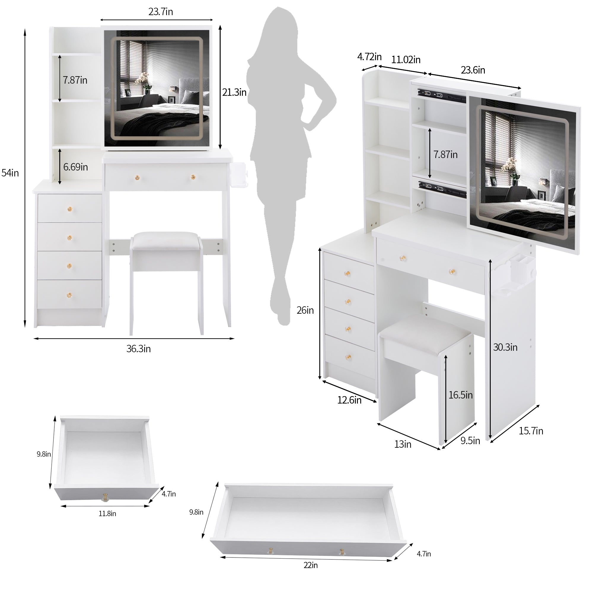 HAOYYE 37" Middle Size Left Bedside Cabinet Vanity Table + Cushioned Stool Dresser Set, 2 AC+2 USB Socket, Hair Dryer Stand, Large Touch Control LED Sliding Mirror, 3-color Switch, EPA, GCC, UL Certificate