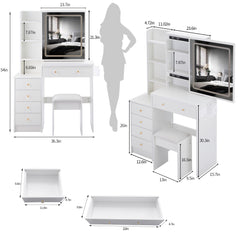 HAOYYE 37" Middle Size Left Bedside Cabinet Vanity Table + Cushioned Stool Dresser Set, 2 AC+2 USB Socket, Hair Dryer Stand, Large Touch Control LED Sliding Mirror, 3-color Switch, EPA, GCC, UL Certificate
