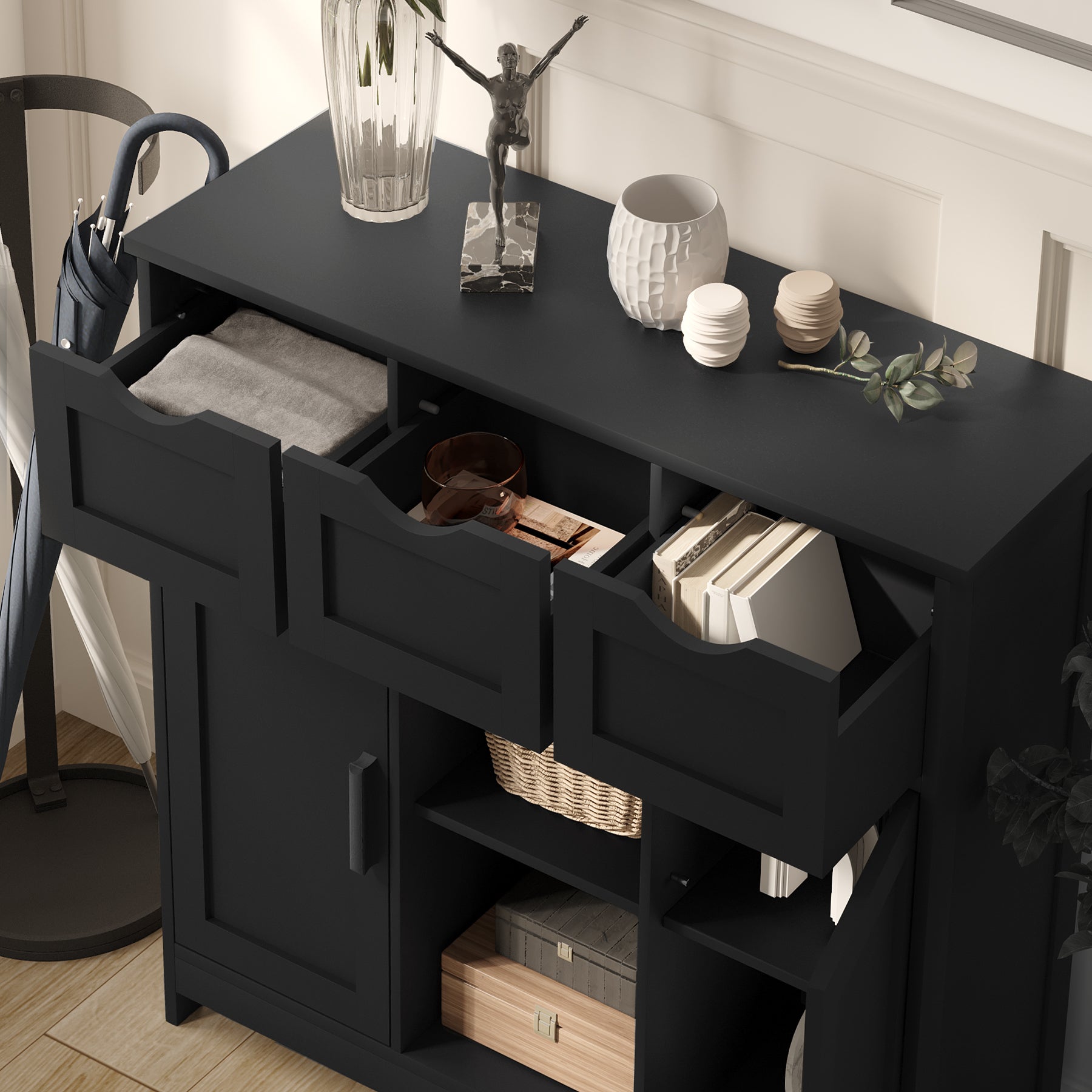 HAOYYE Storage Cabinet With Drawers And Shelves, Black Wooden Floor Cabinet, Accent Cabinet For Living Room, Bedroom, Or Bathroom, Sturdy Modern Space-Saving Heavy Duty Design