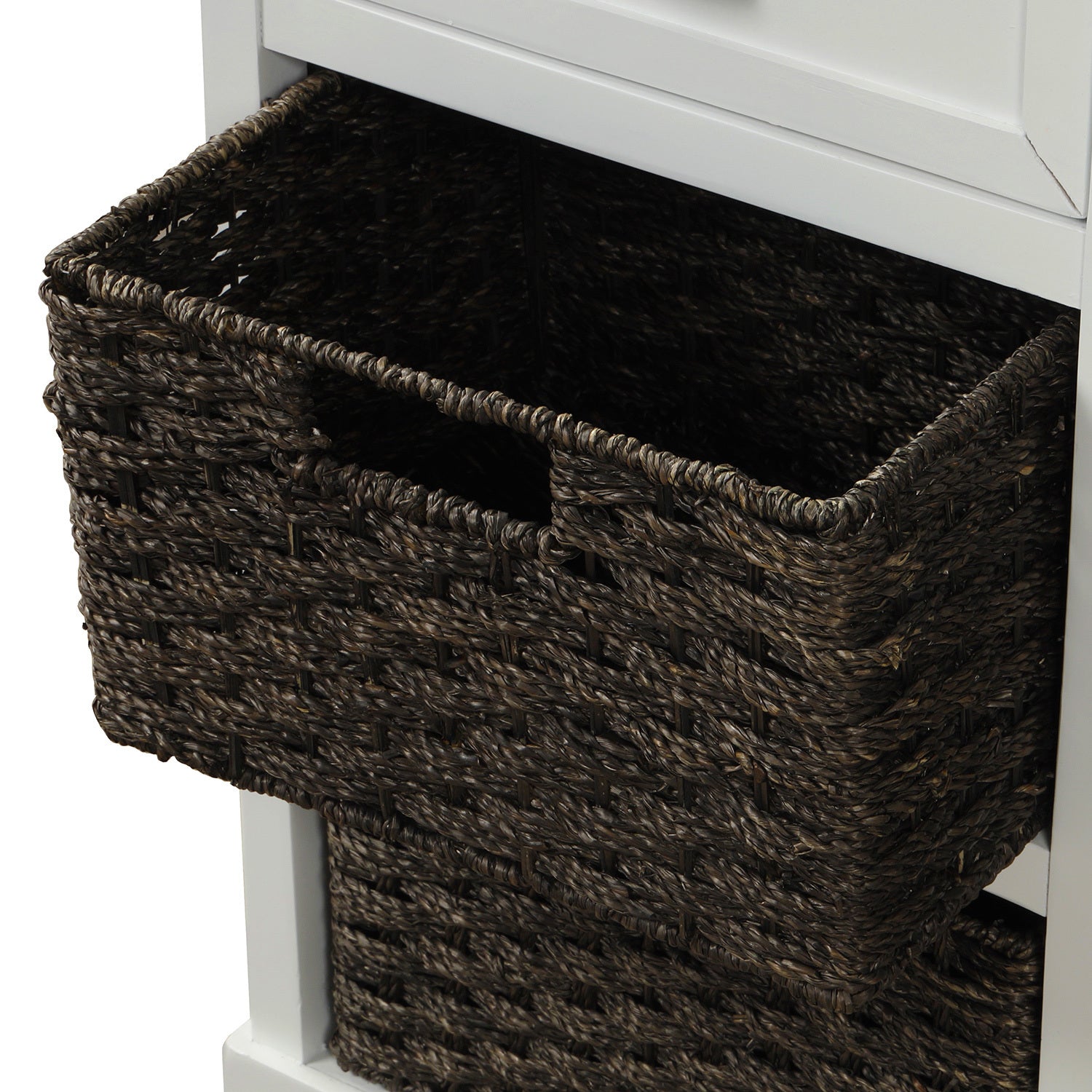 HAOYYE Rustic Storage Cabinet with Two Drawers and Four Classic Rattan Baskets for Dining Room or Living Room, White, Sturdy Space-Saving Design, Heavy Duty Construction, Easy Assembly, Durable and Stylish Home Furniture