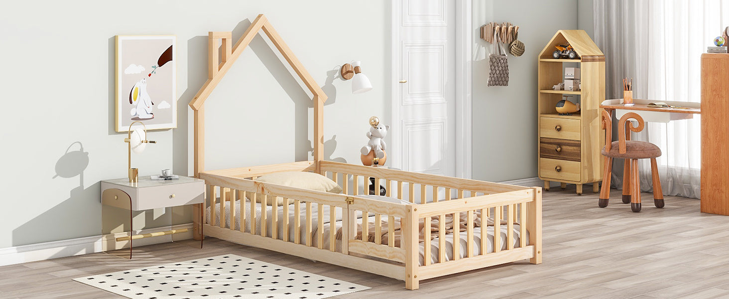 HAOYYE Twin House-Shaped Headboard Floor Bed with Fence ,Natural Sturdy Space-Saving Heavy Duty Modern Design Adults Dorm Room Easy Assembly Bedroom Furniture