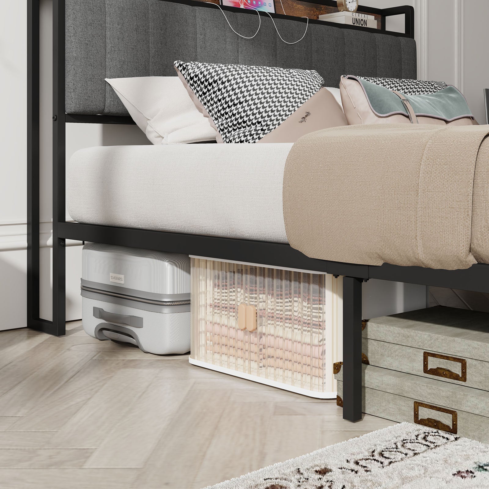 HAOYYE Queen Size Bed Frame with Charging Station, Upholstered Headboard, Metal Platform, Grey Sturdy Space-Saving Heavy Duty Modern Design Adults Dorm Room Easy Assembly Bedroom Furniture