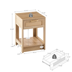 HAOYYE Natural Rattan End Table with Drawer, Modern Nightstand, Side Table for Living Room and Bedroom, Sturdy Space-Saving Design, Heavy Duty Construction, Easy Assembly