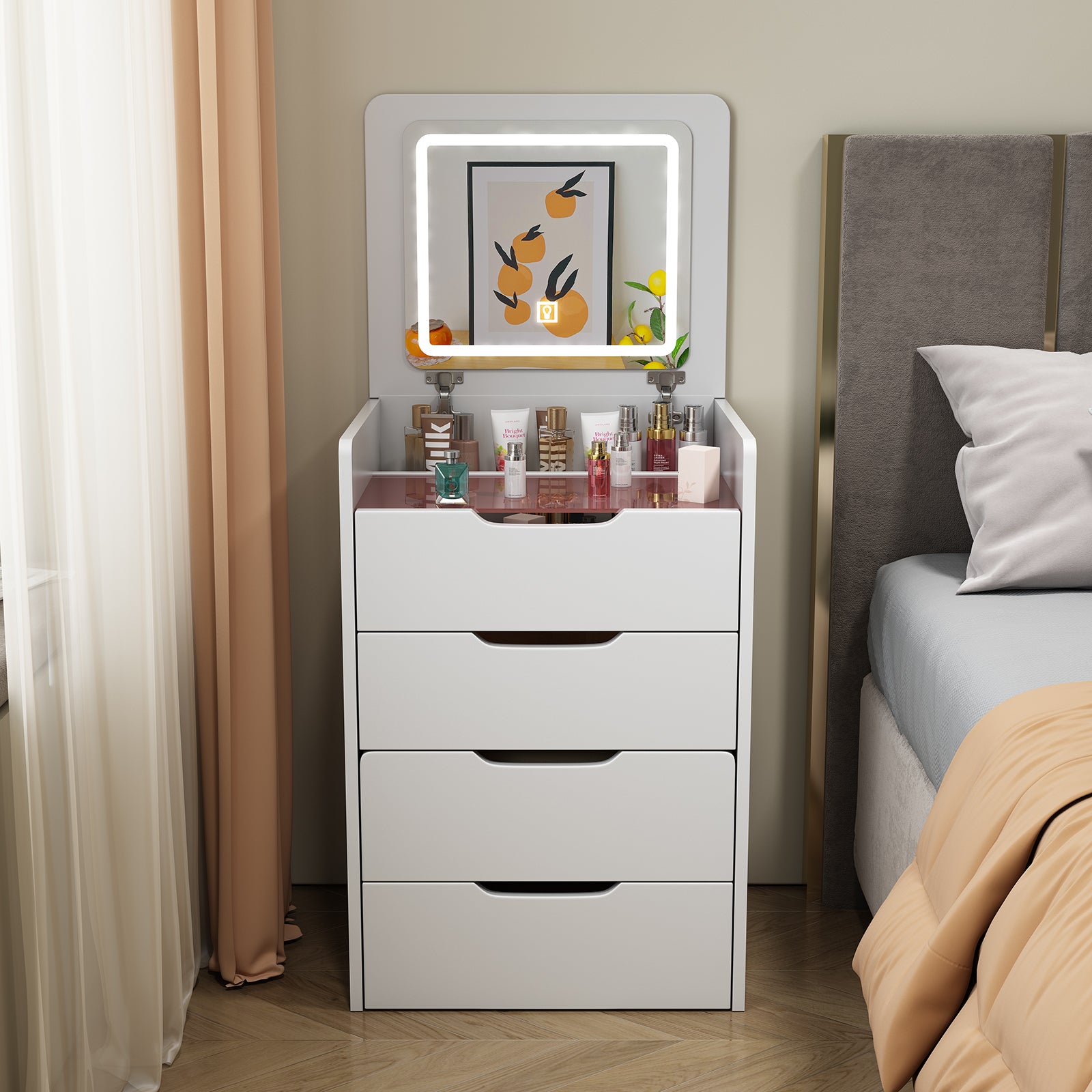 HAOYYE 3-in-1 Vanity Desk with Flip-Top Mirror, Small Makeup Vanity Set with Glass Desktop, Compact Dressing Table with 3 Drawers and Cushioned Stool, Christmas Gift, Sturdy and Stylish Home Furniture