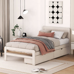 HAOYYE Modern White Washed Twin Size Platform Bed Frame With Two Storage Drawers, Sturdy Space-Saving Heavy Duty Design, Perfect For Adults And Dorm Rooms, Easy Assembly