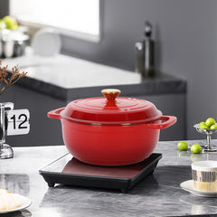 HAOYYE Cast Iron 6QT Cooking Pot Gradient Red Enamel Coating with Two Silicone Gloves Heavy Duty Durable Dutch Oven for Stovetop Oven and Outdoor Cooking Perfect for Stews Soups Casseroles and Everyday Meals
