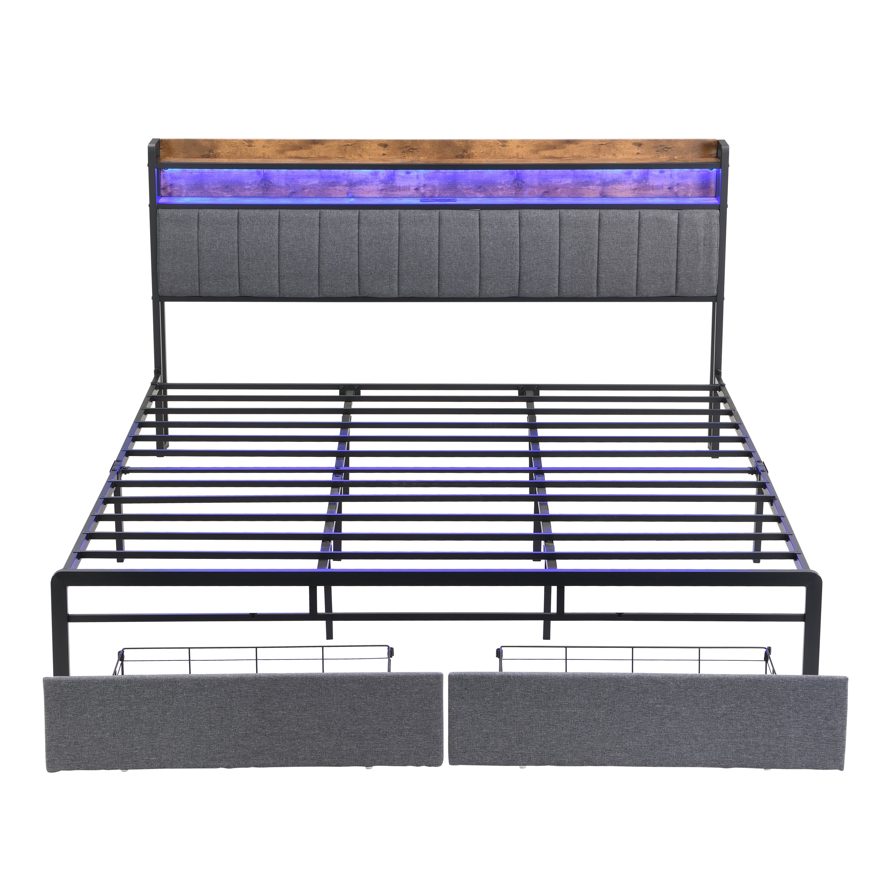 HAOYYE King Bed Frame with Storage Headboard, Drawers, LED Lighting, and Built-in Charging Station, Modern Upholstered Platform Design, Sturdy Space-Saving Grey Construction, No Box Spring Needed, Easy Assembly