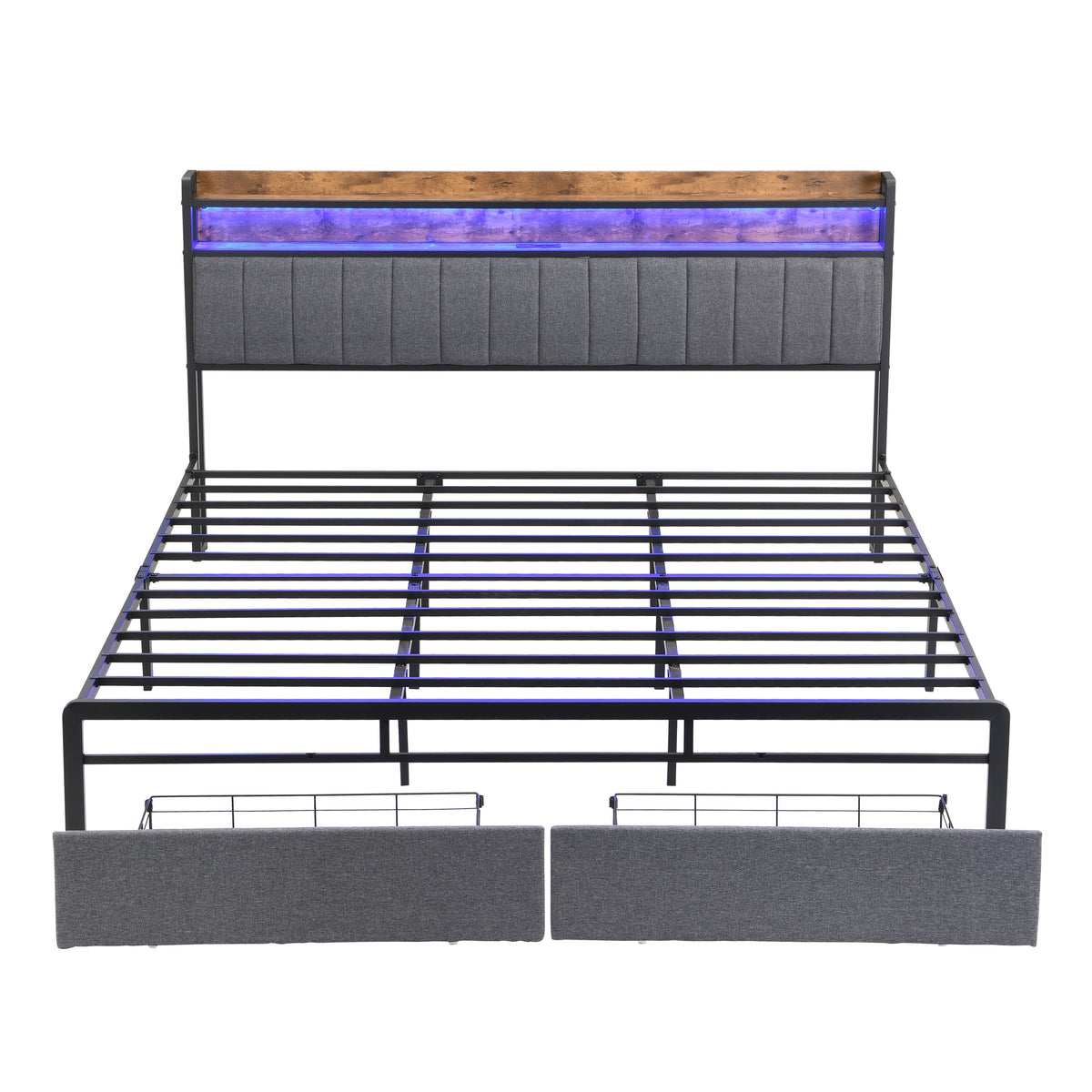 HAOYYE King Bed Frame with Storage Headboard, Drawers, LED Lighting, and Built-in Charging Station, Modern Upholstered Platform Design, Sturdy Space-Saving Grey Construction, No Box Spring Needed, Easy Assembly