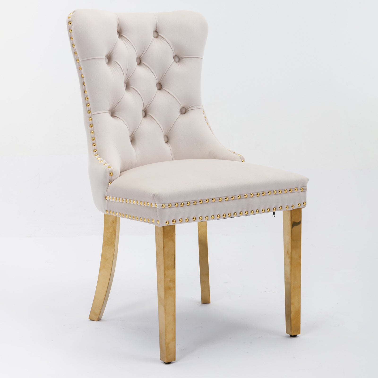 HAOYYE High-end Tufted Solid Wood Contemporary Velvet Upholstered Dining Chair with Golden Stainless Steel Plating Legs,Nailhead Trim,Set of 2,Beige and Gold, SW1601BG
