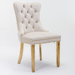 HAOYYE High-end Tufted Solid Wood Contemporary Velvet Upholstered Dining Chair with Golden Stainless Steel Plating Legs,Nailhead Trim,Set of 2,Beige and Gold, SW1601BG