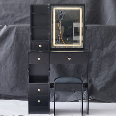 HAOYYE Compact Vanity Desk with Left Drawer, Cushioned Stool, Sliding Touch LED Mirror, Tri-Color Lighting, Adjustable Brightness, Multi-Layer Storage, EPA GCC UL Certified for Small Spaces