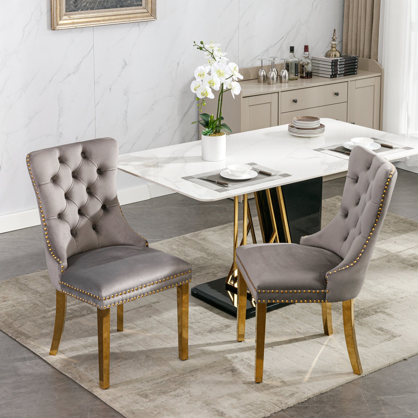 HAOYYE High-end Tufted Solid Wood Contemporary Velvet Upholstered Dining Chair with Golden Stainless Steel Plating Legs,Nailhead Trim,Set of 2,Gray and Gold, SW1601GY Sturdy Durable
