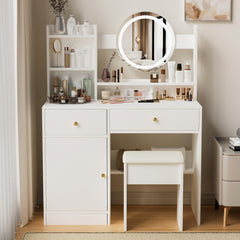 HAOYYE Fashion Vanity Desk with Mirror and Lights for Makeup and Cushioned Chair, Vanity Mirror with Lights and Table Set with 3 Color Lighting Brightness Adjustable,Dressing table, White Color Sturdy