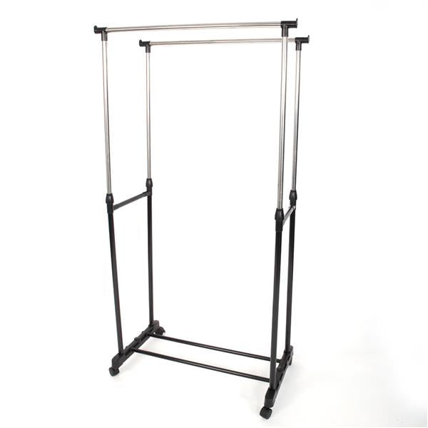 HAOYYE Dual-Bar Adjustable Clothes Rack with Shoe Shelf, Black & Silver, Durable Space-Saving Organizer for Closet and Bedroom, Vertical & Horizontal Stretching Design, Premium Quality, Stylish Modern Look, Versatile Use, Sturdy Construction