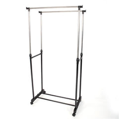 HAOYYE Dual-Bar Adjustable Clothes Rack with Shoe Shelf, Black & Silver, Durable Space-Saving Organizer for Closet and Bedroom, Vertical & Horizontal Stretching Design, Premium Quality, Stylish Modern Look, Versatile Use, Sturdy Construction