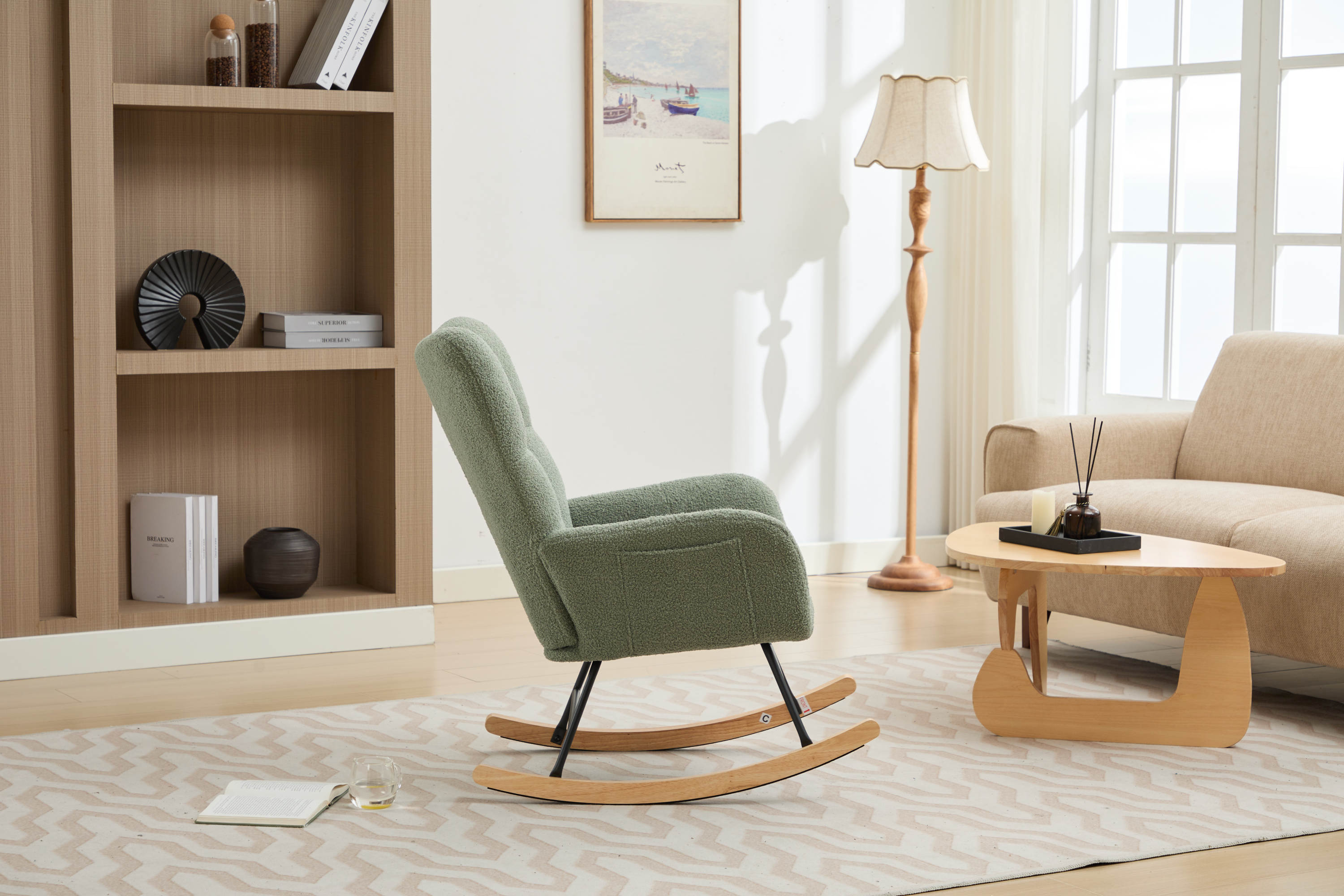 Haoyye Modern Upholstered Nursery Rocking Chair with High Backrest, Teddy Fabric Glider Accent Armchair with Solid Wood Legs and Metal Frame, Comfortable Rocker for Bedroom, Living Room or Lounge, Gentle Swing Chair in Green
