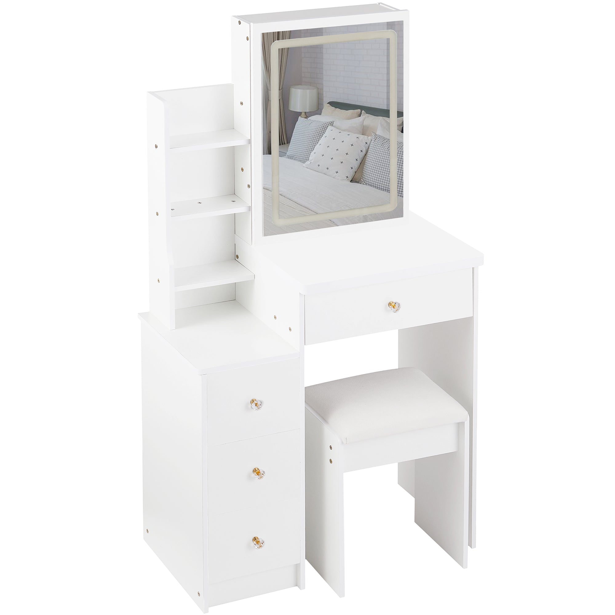 HAOYYE Small Size Left Bedside Cabinet Vanity Table + Cushioned Stool, Touch Control Sliding LED Mirror, Tri-color Switching, Brightness Adjust, Multi Layer, Suitable for Small Space, EPA,GCC,UL Certificate