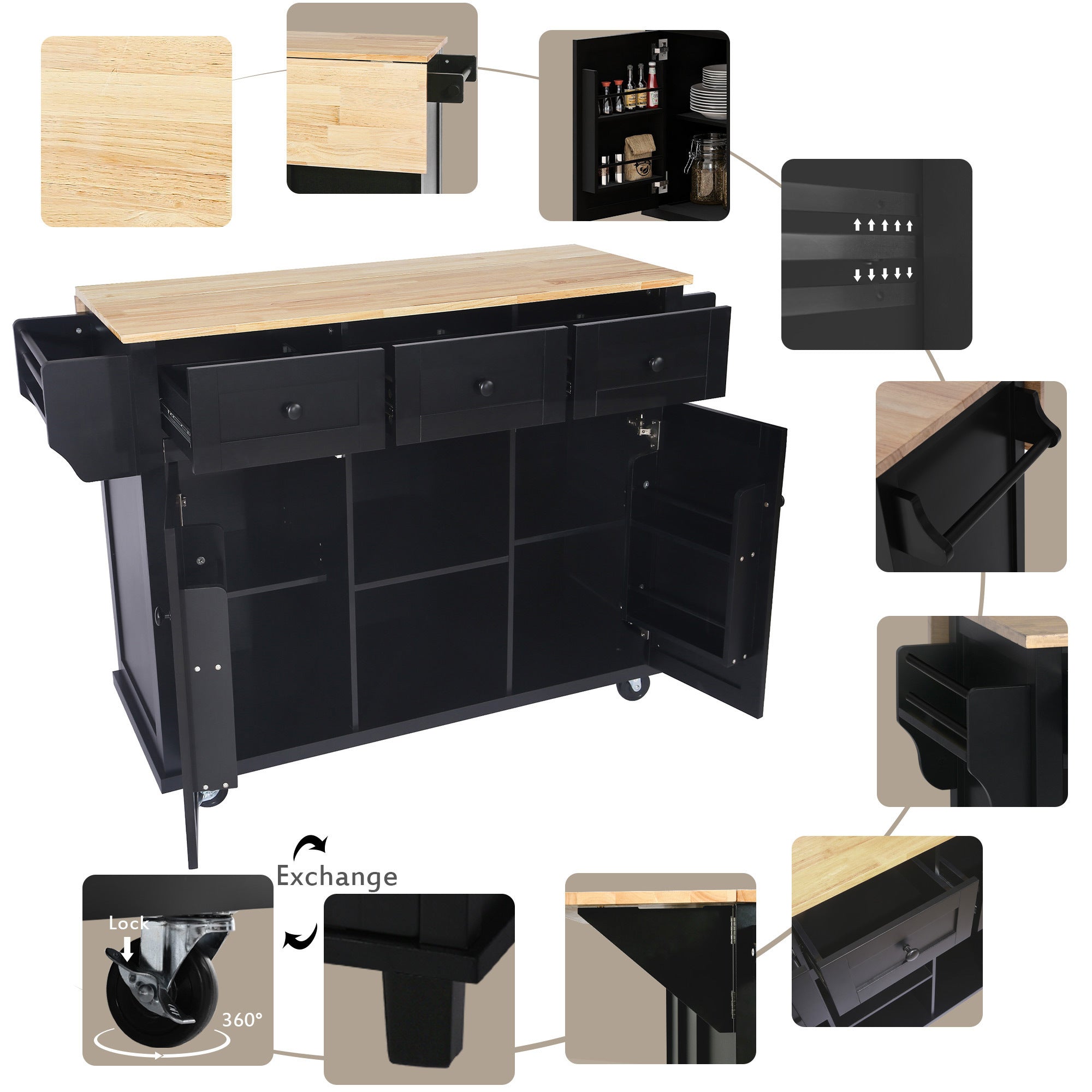 HAOYYE Kitchen Cart with Rubberwood Drop-Leaf Countertop, Internal Storage Racks, 5-Wheel Kitchen Island with Storage Cabinet and 3 Drawers, Black, Sturdy Space-Saving Design, Durable and Stylish Home Furniture