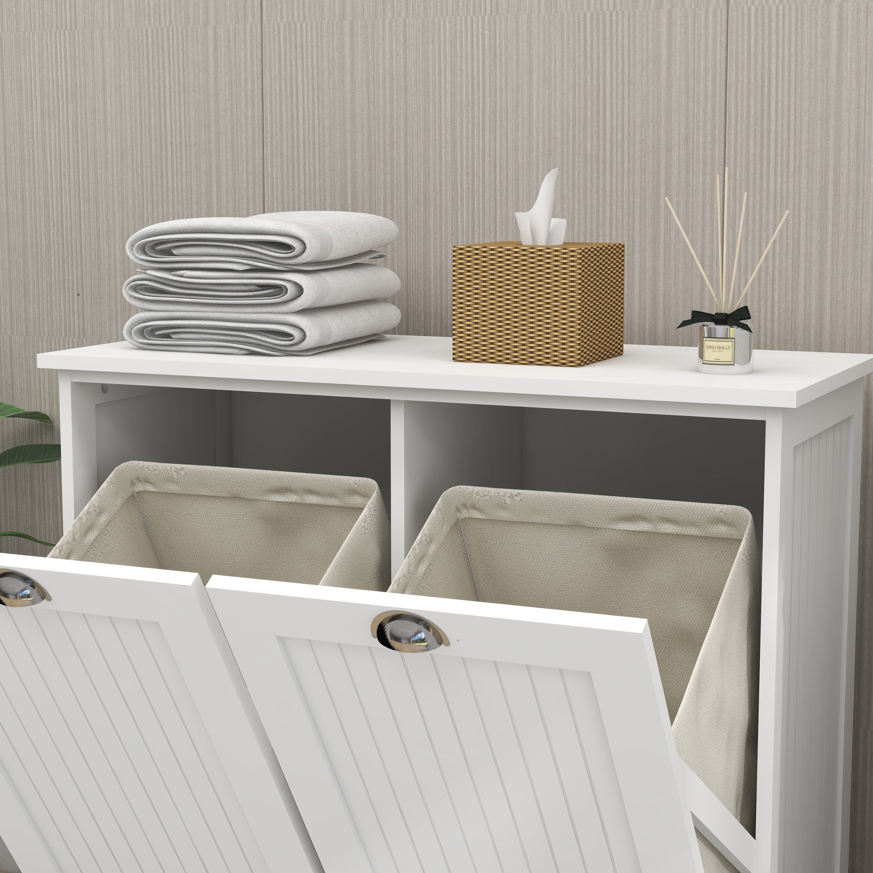 HAOYYE Two-Compartment Tilt-Out Laundry Sorter Cabinet-White Sturdy Space-Saving Heavy Duty Modern Design Easy Assembly Durable Stylish Home Furniture Versatile