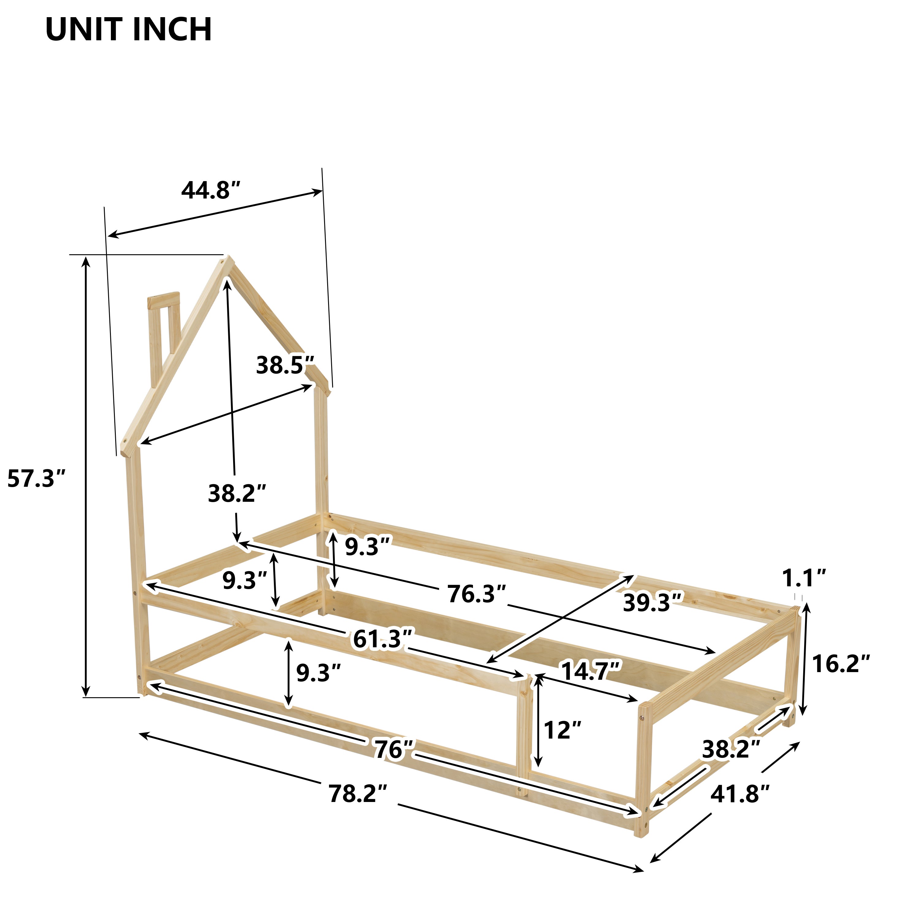 Haoyye Twin Size Wood Bed with House-Shaped Headboard, Floor Bed Frame with Fences and Guardrails, Low Platform Design for Bedroom or Dorm, Sturdy Pine Construction, Space-Saving and Heavy Duty, Easy Assembly, Ideal for Cozy Sleeping Spaces