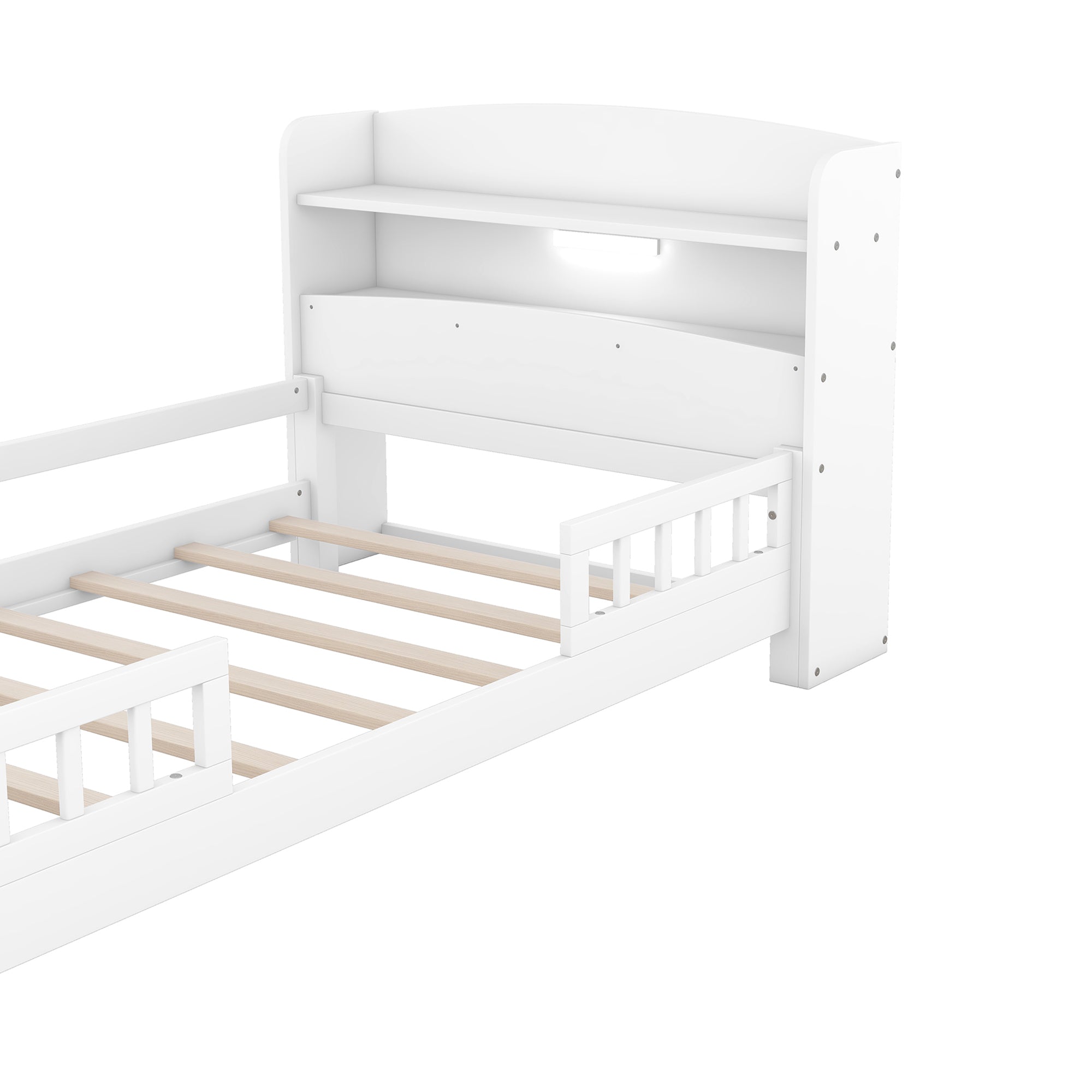 HAOYYE Wood Twin Size Platform Bed with Built-in LED Light, Storage Headboard and Guardrail, White Sturdy Space-Saving Heavy Duty Modern Design Adults Dorm Room Easy Assembly Bedroom Furniture