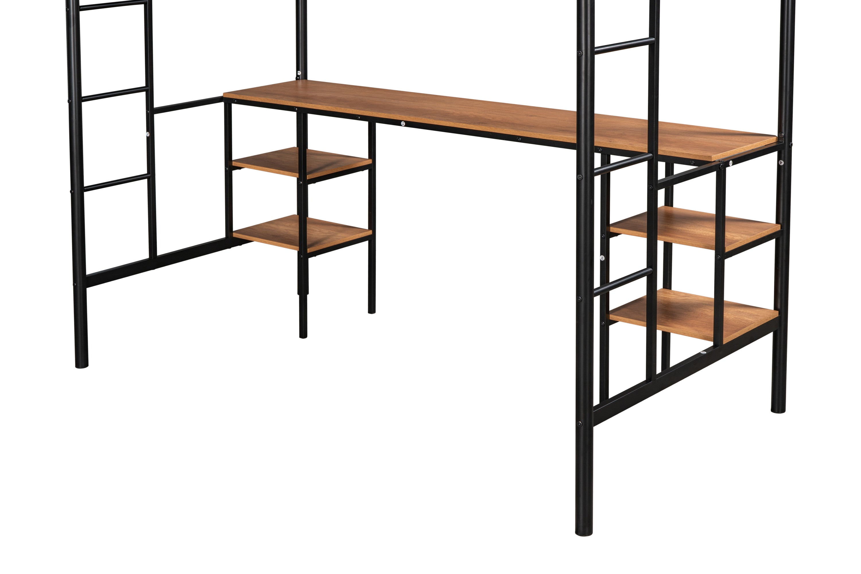 HAOYYE Twin-Size Loft Bed With Table And Shelves, Heavy-Duty Metal Construction, Noise-Reduced Design, Safety Guardrail, Two Side Ladders, CPC Certified, No Box Spring Required, Space-Saving Loft Bed For Modern Living Spaces