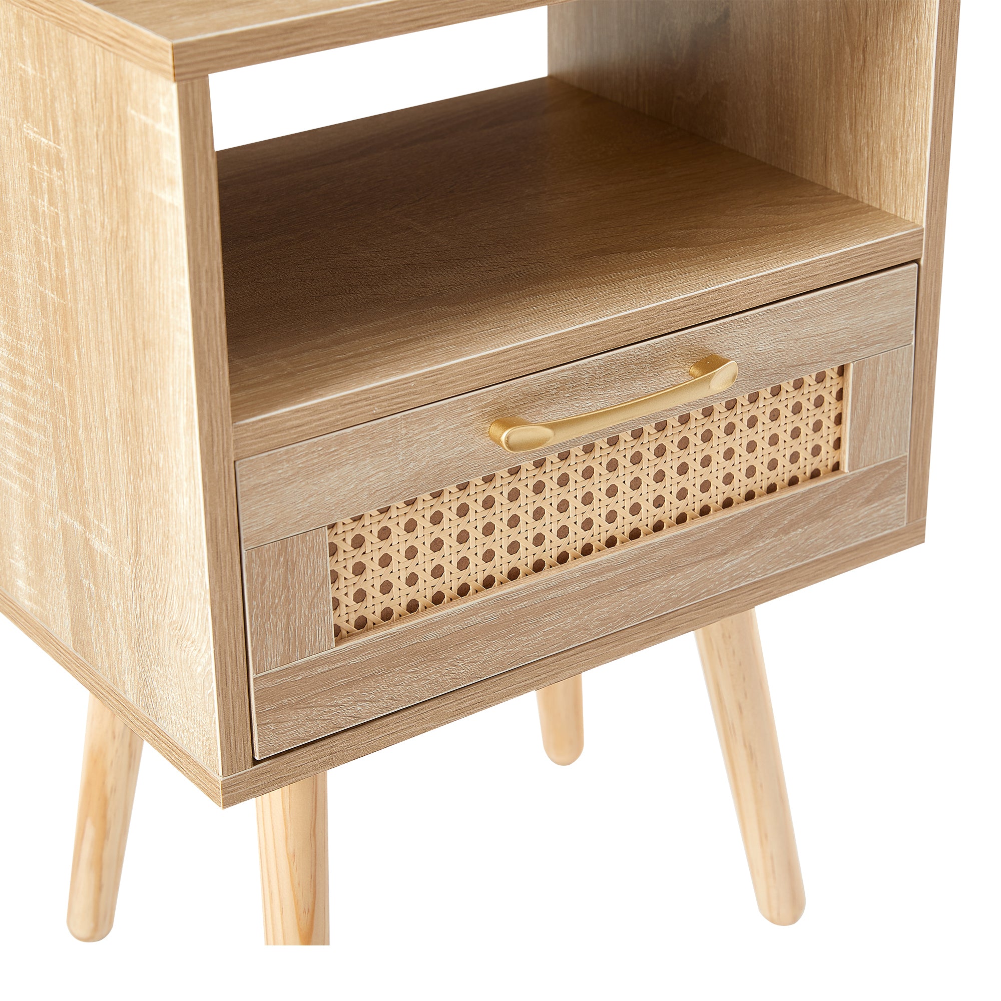 HAOYYE Rattan End Table with Power Outlet & USB Ports, Modern Nightstand with Drawer and Solid Wood Legs, Natural, Sturdy Space-Saving Design, Heavy Duty Construction, Stylish and Durable Home Furniture for Living Room or Bedroom