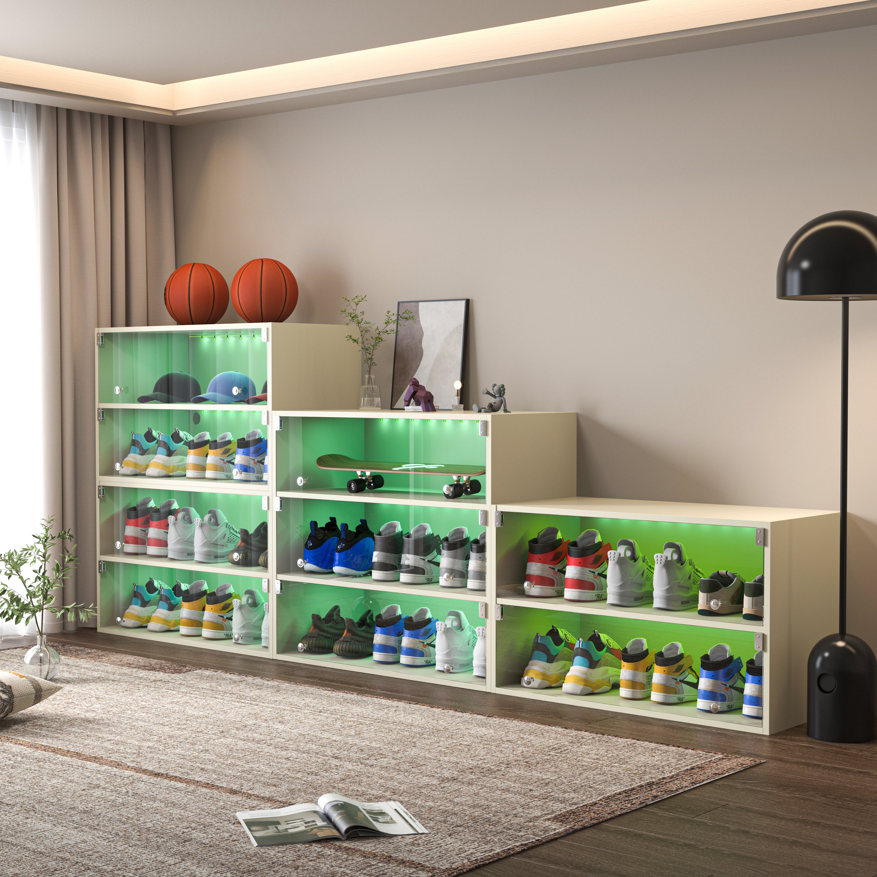Haoyye Off White Glass Door Shoe Storage Cabinet with RGB LED Light, Modern Stackable Sneaker Display Case with Remote and App Control, USB Powered Shoe Organizer for Bedroom, Entryway or Living Room, Stylish Space-Saving Freestanding Furniture