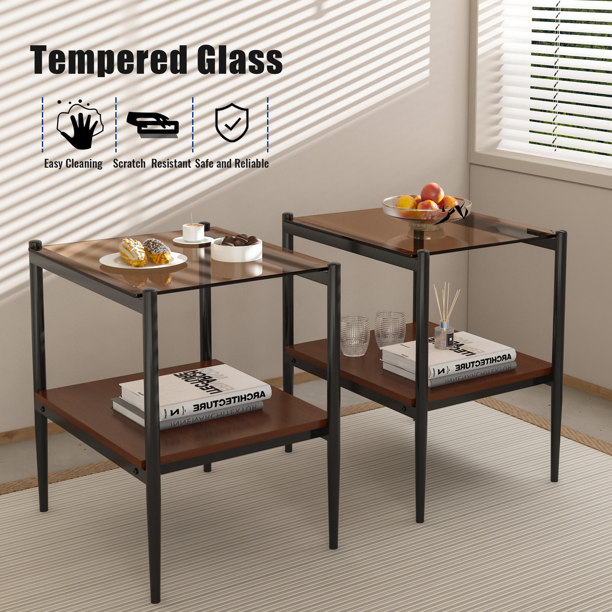 HAOYYE Modern Rectangle End Table Set of 2, Tempered Glass Tabletop With MDF Layer, Sturdy Space-Saving Heavy Duty Side Table For Living Room, Brown Finish, Easy Assembly