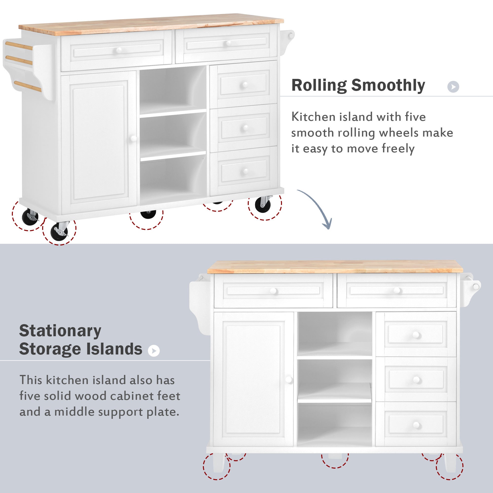HAOYYE Kitchen cart with Rubber wood desktop rolling mobile kitchen island with storage and 5 draws 53 Inch length(White) Sturdy Space-Saving Heavy Duty Modern Design Adults Dorm Room Easy Assembly