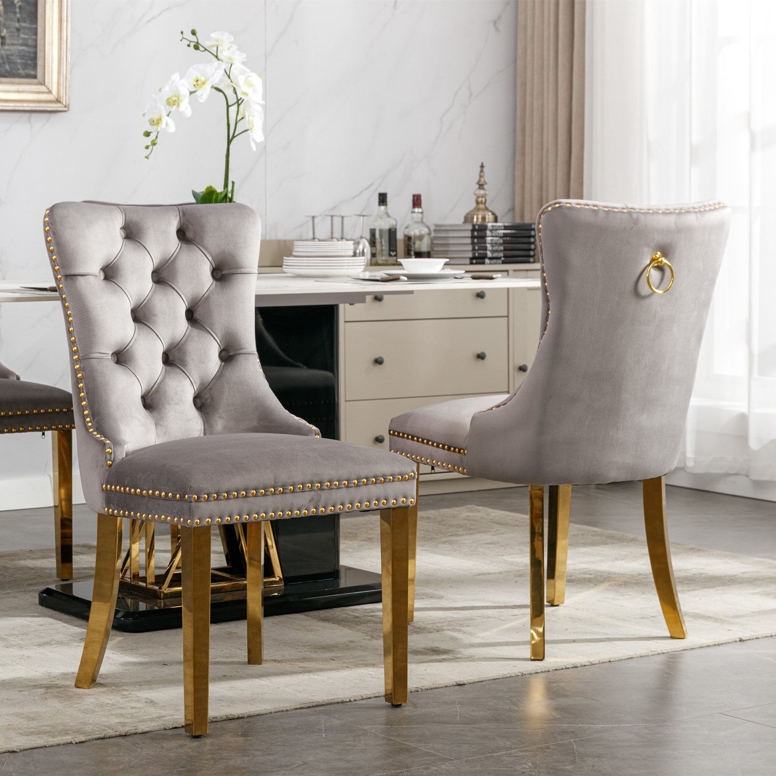 HAOYYE High-end Tufted Solid Wood Contemporary Velvet Upholstered Dining Chair with Golden Stainless Steel Plating Legs,Nailhead Trim,Set of 2,Gray and Gold, SW1601GY Sturdy Durable