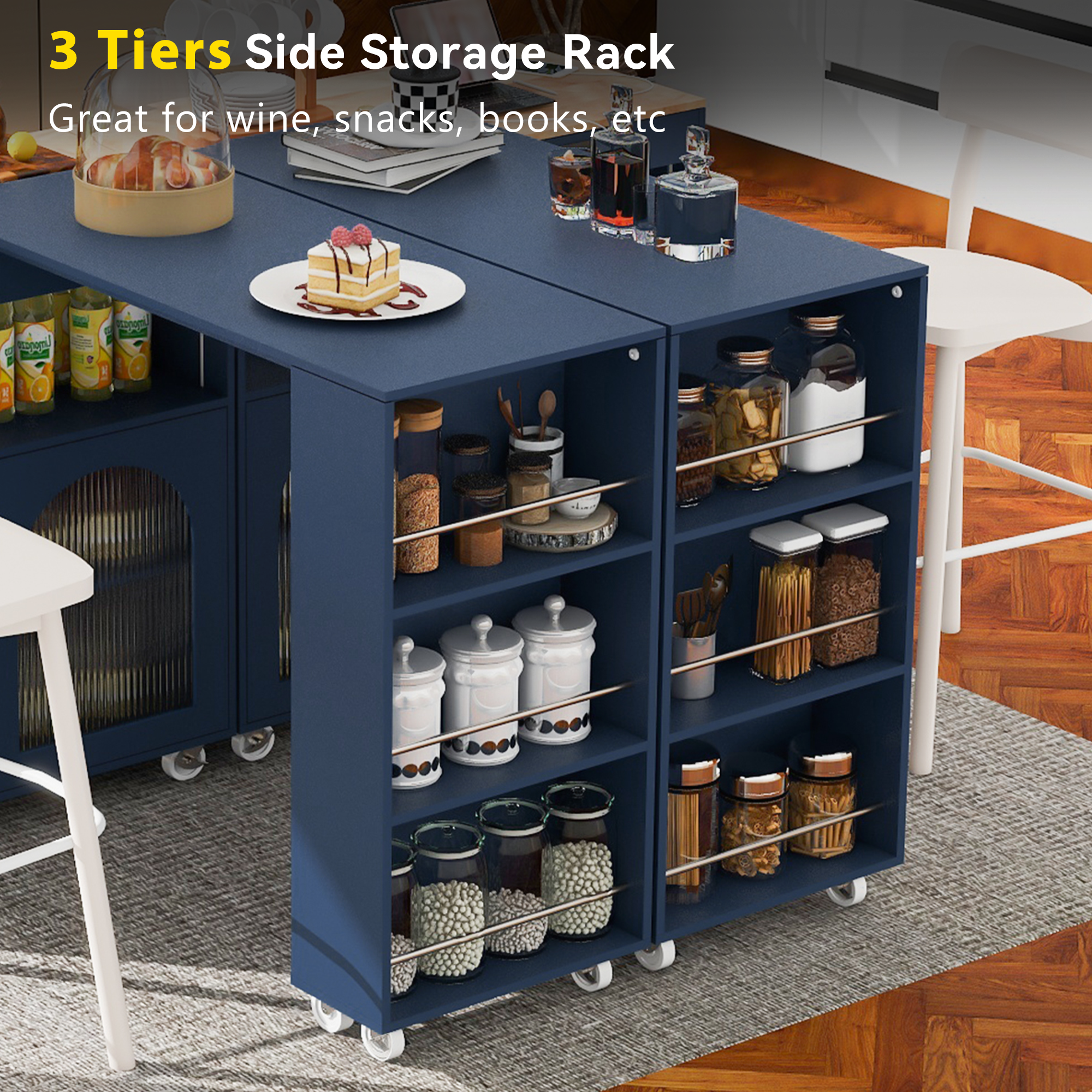HAOYYE Navy Rolling Kitchen Island With Extended Table, LED Lights, Power Outlets, Fluted Glass Doors, Storage Compartment, and Open Shelves, Sturdy Space-Saving Design, Easy Assembly
