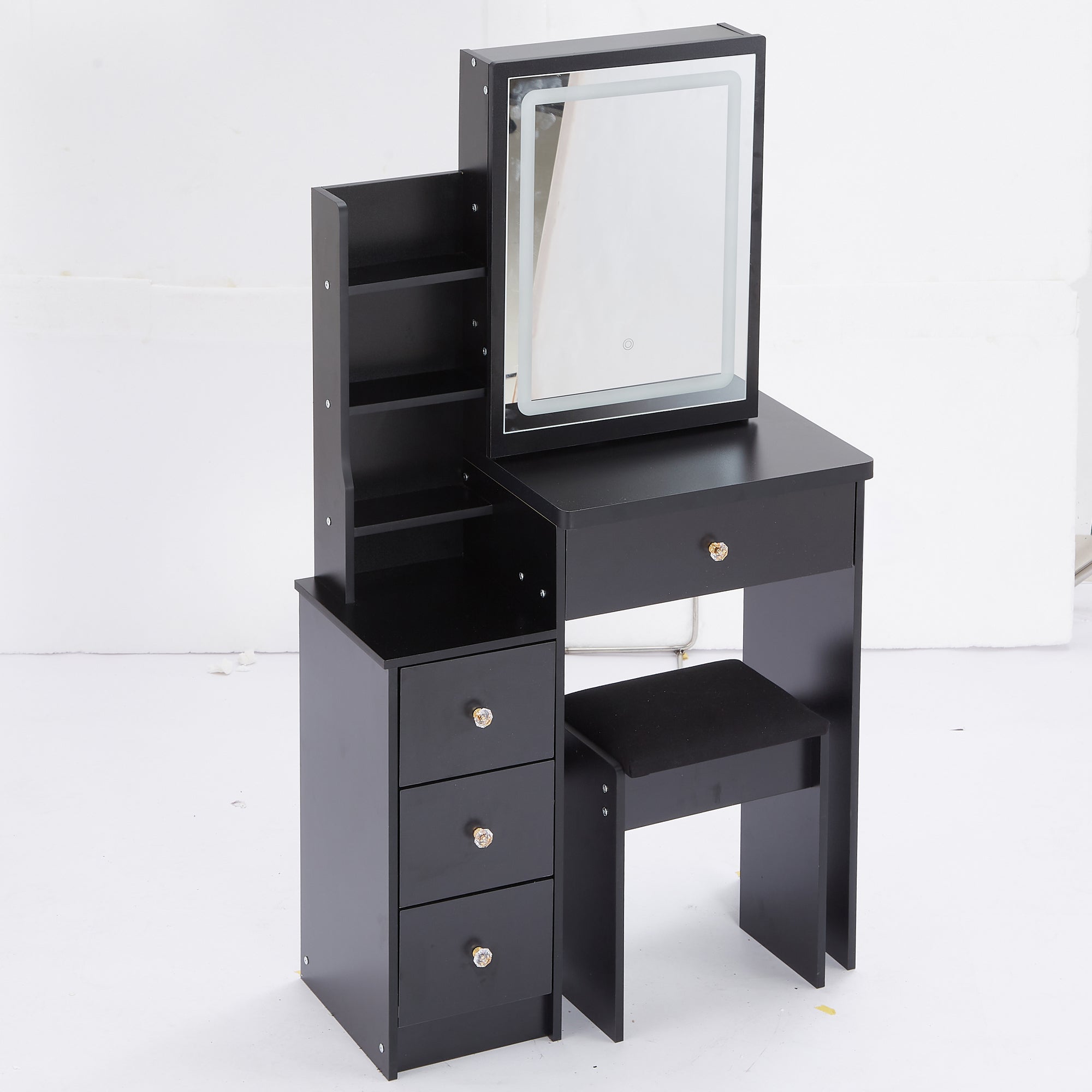 HAOYYE Small Size Left Bedside Cabinet Vanity Table + Cushioned Stool, Touch Control Sliding LED Mirror, Tri-color Switching, Brightness Adjust, Multi Layer, Suitable for Small Space, EPA,GCC,UL Certificate
