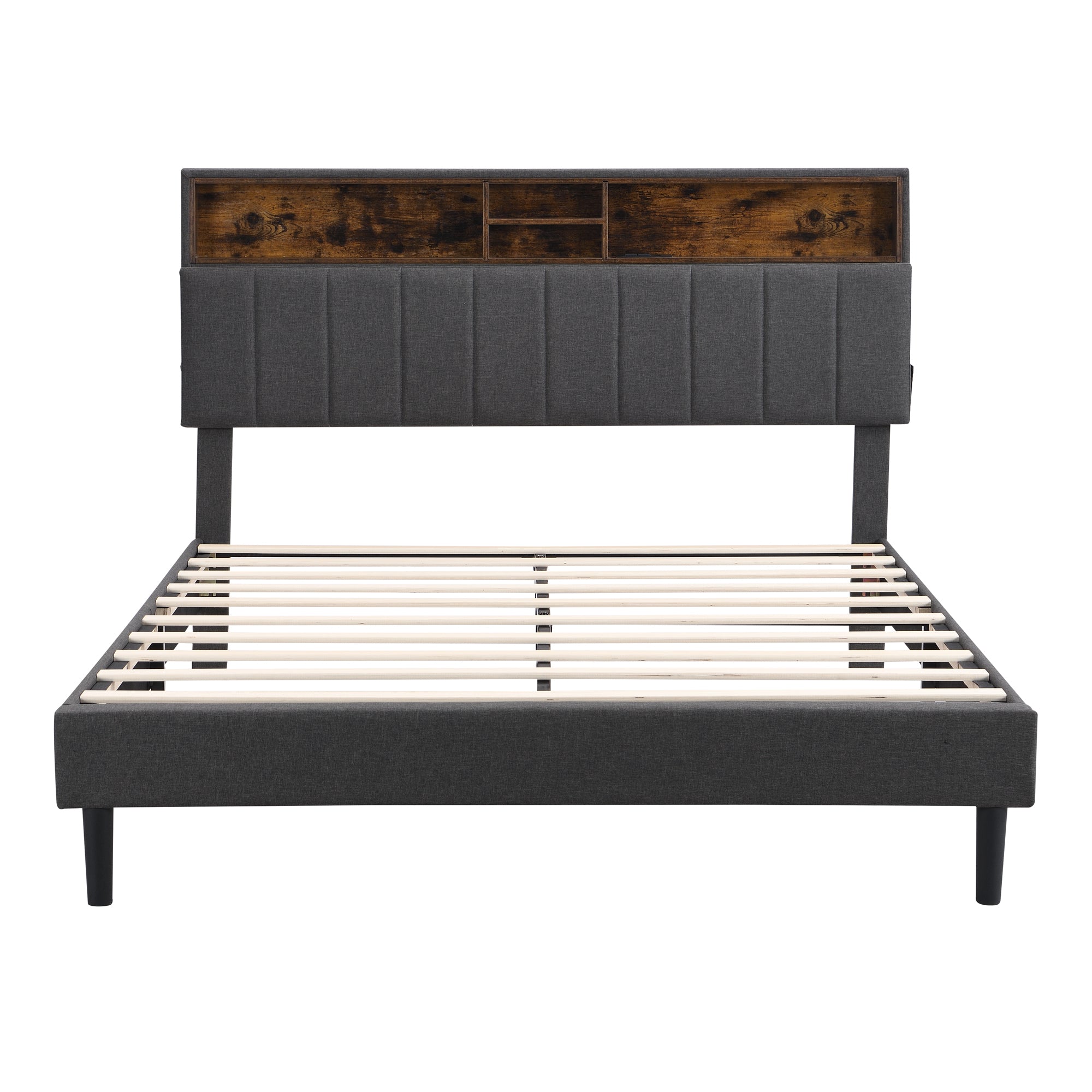 HAOYYE Queen Size Upholstered Platform Bed with Storage Headboard and USB Port, Linen Fabric Upholstered Bed (Gray) Sturdy Space-Saving Heavy Duty Modern Design Adults Dorm Room Easy Assembly