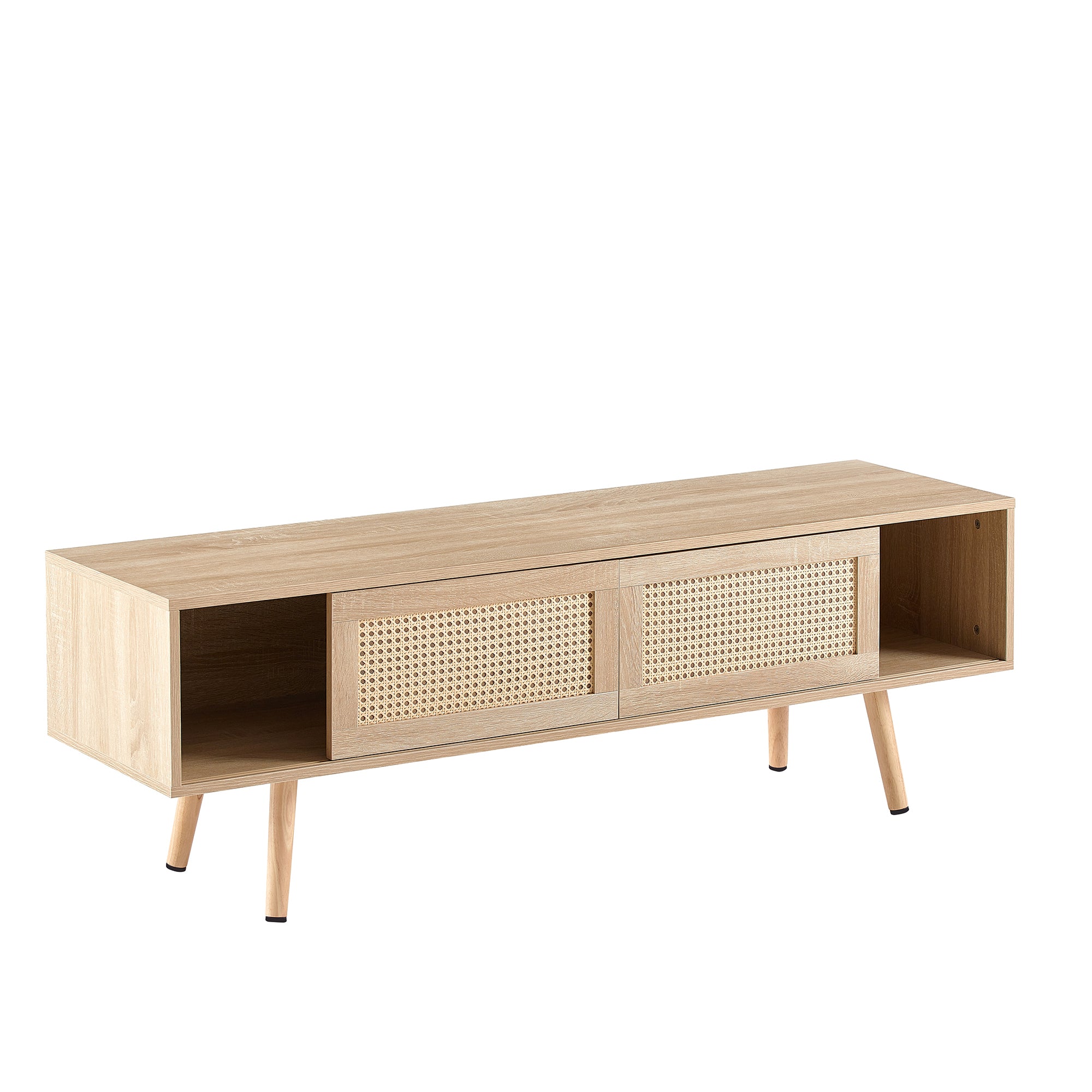 HAOYYE 55.12" Rattan TV cabinet, double sliding doors for storage, adjustable shelf, solid wood legs, TV console for living room ,natural Sturdy Space-Saving Heavy Duty Modern Design Adults Dorm Room