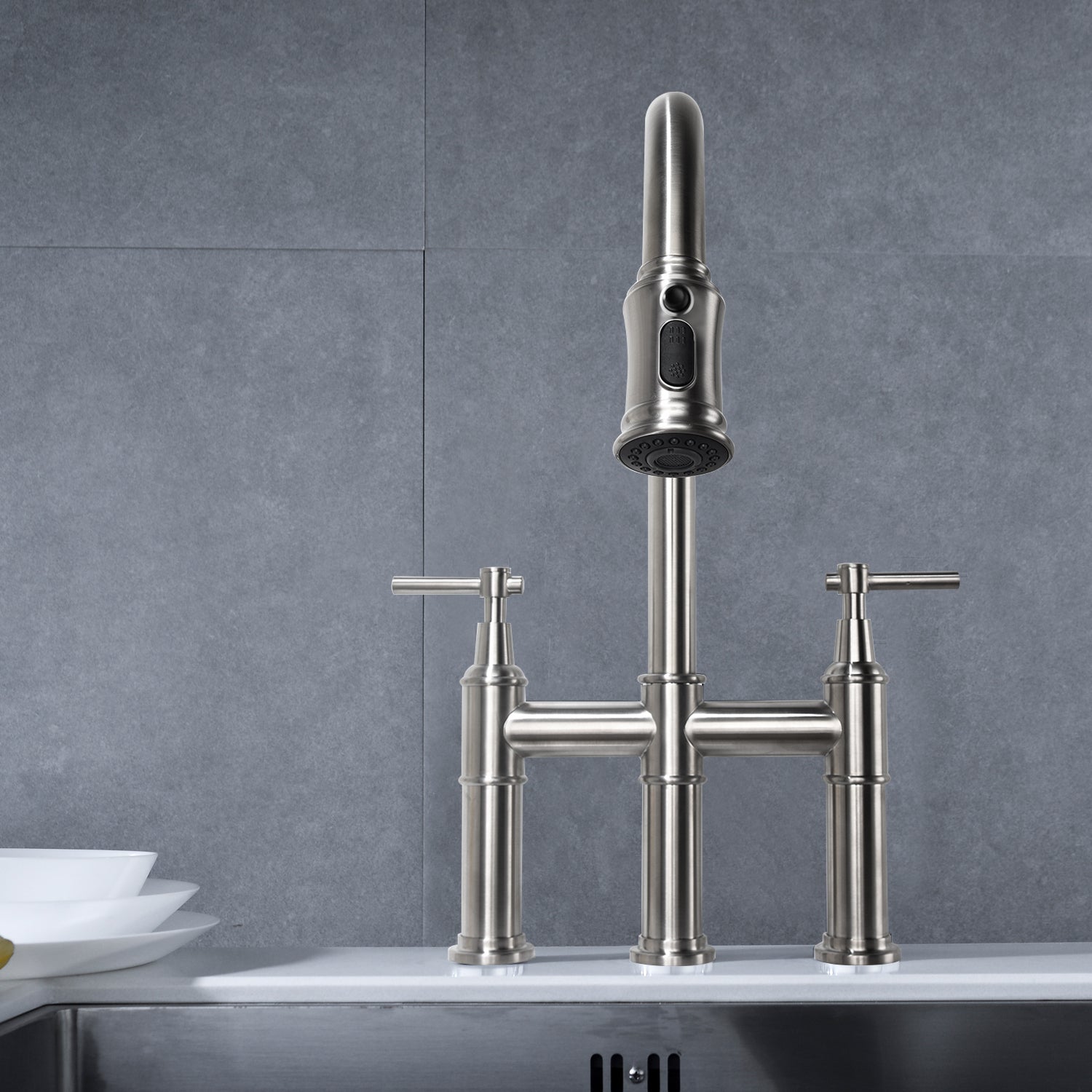 HAOYYE Bridge Kitchen Faucet with Pull-Down Sprayhead in Spot Sturdy Space-Saving Heavy Duty Modern Design Adults Dorm Room Easy Assembly Bedroom Furniture