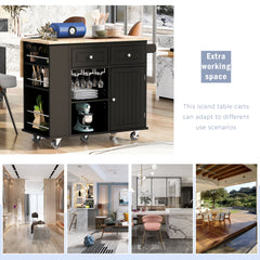 HAOYYE Kitchen Island with Power Outlet, Drop Leaf, Rubber Wood Top, Wine Rack, and Adjustable Storage. Black Kitchen Storage Island on Wheels, Ideal for Home, Kitchen, and Dining Room