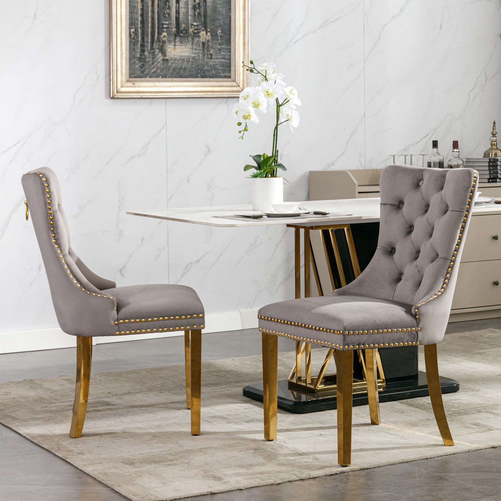 HAOYYE High-end Tufted Solid Wood Contemporary Velvet Upholstered Dining Chair with Golden Stainless Steel Plating Legs,Nailhead Trim,Set of 2,Gray and Gold, SW1601GY Sturdy Durable
