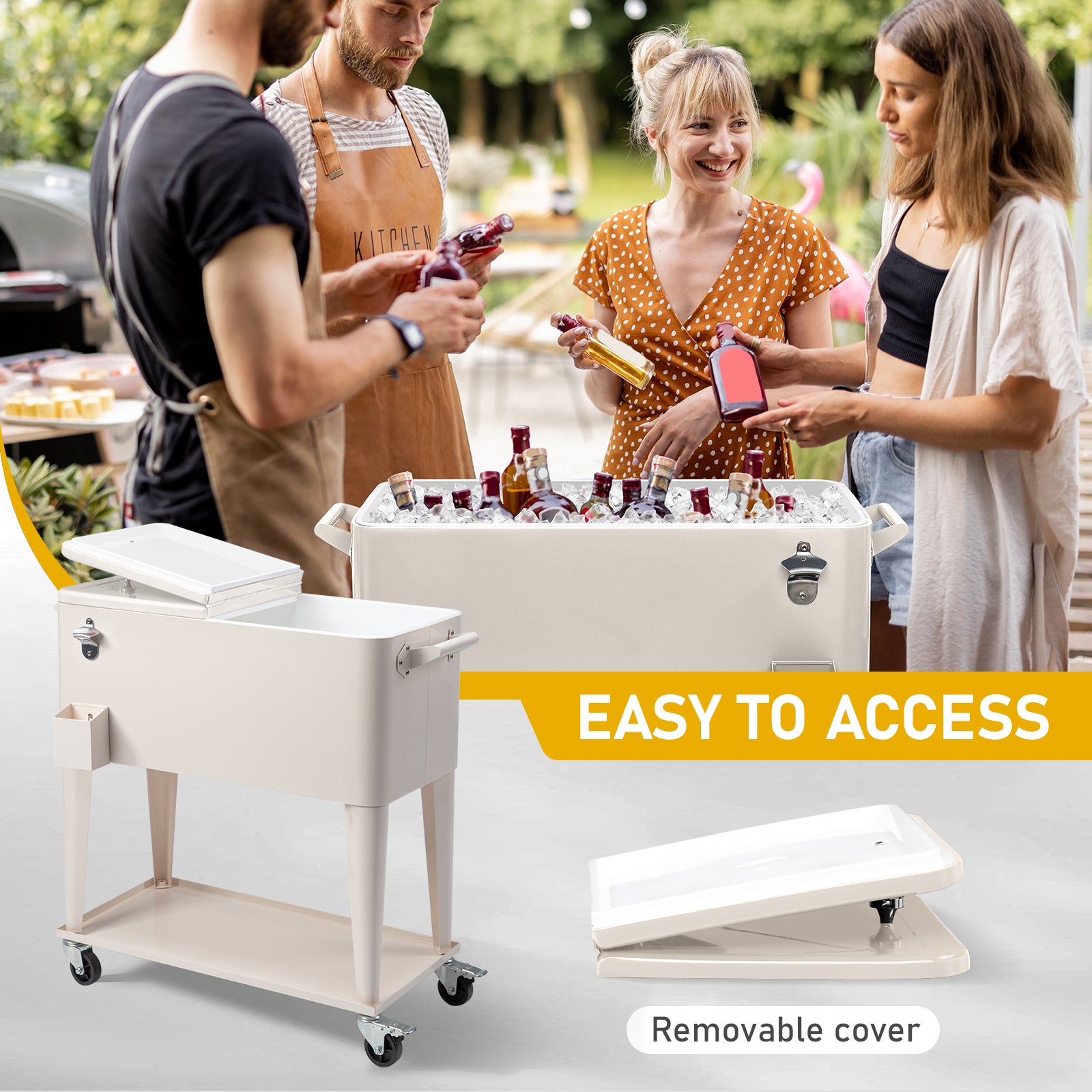 HAOYYE Milk White Rolling Cooler Cart Outdoor Beverage Tub with Bottle Opener Cap Catcher Insulated Ice Chest on Wheels Locking Casters for Patio Pool Party BBQ Camping