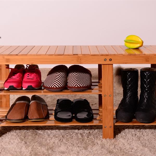 HAOYYE 90cm Strip Pattern Tiers Bamboo Stool Shoe Rack with Boots Compartment Wood Color Durable Space-Saving Organizer Storage Solution Modern Design Versatile Use Premium Quality Stylish Look Home