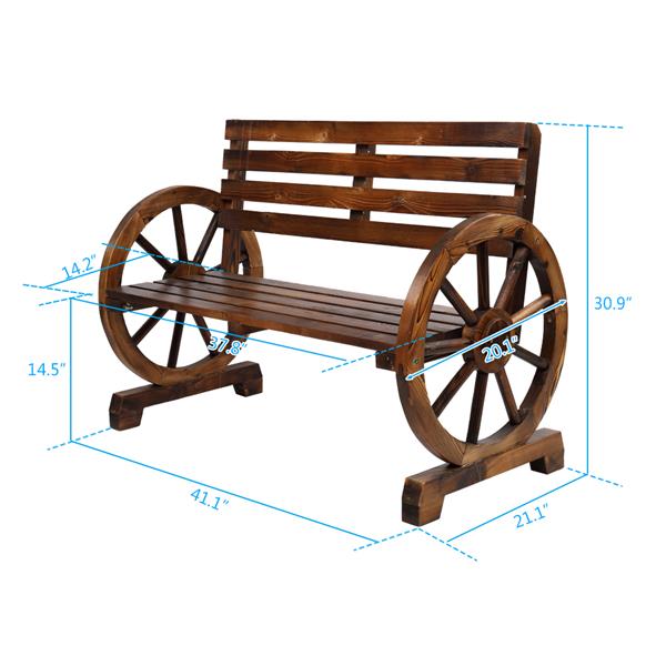 HAOYYE Rustic 2-Person Wooden Wagon Wheel Bench with Slatted Seat and Backrest, Durable Outdoor Bench for Patio, Garden, or Backyard, Comfortable and Stylish, Perfect for Relaxing and Enjoying the Outdoors