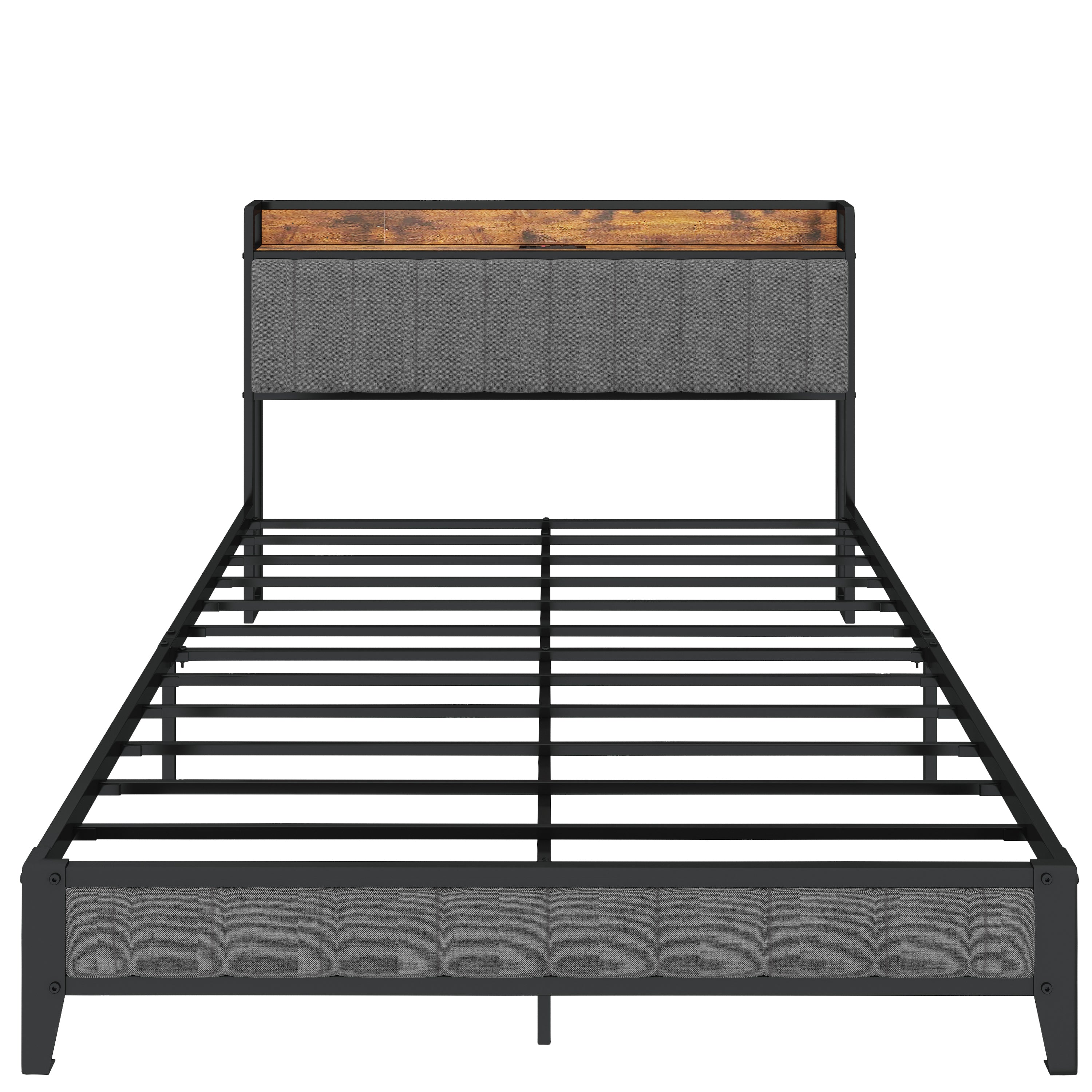 HAOYYE Queen Size Bed Frame with Charging Station, Upholstered Headboard, Metal Platform, Grey Sturdy Space-Saving Heavy Duty Modern Design Adults Dorm Room Easy Assembly Bedroom Furniture