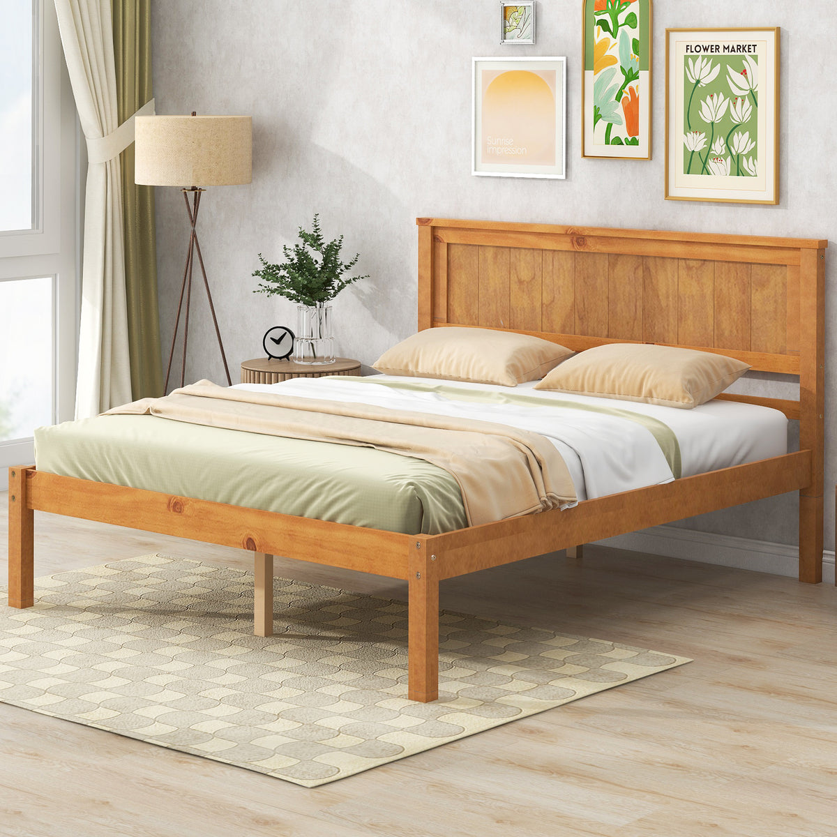 HAOYYE Platform Bed Frame with Headboard, Wood Slat Support, No Box Spring Needed, Full, Oak Sturdy Space-Saving Heavy Duty Modern Design Adults Dorm Room Easy Assembly Bedroom Furniture