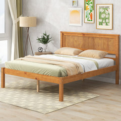 HAOYYE Platform Bed Frame with Headboard, Wood Slat Support, No Box Spring Needed, Full, Oak Sturdy Space-Saving Heavy Duty Modern Design Adults Dorm Room Easy Assembly Bedroom Furniture