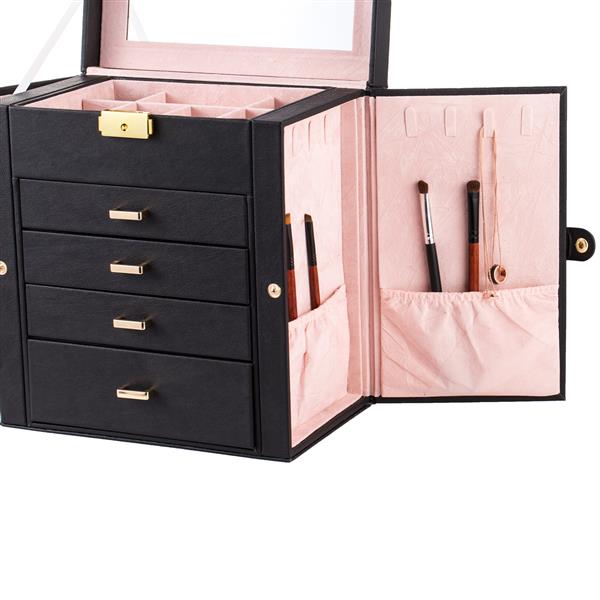 HAOYYE Black Synthetic Leather Jewelry Box – Large Mirrored Watch Organizer With Necklace, Ring, And Earring Storage – Lockable Case With Soft Velvet Lining, Elegant Home Décor, Luxury Design, Perfect Gift For Women